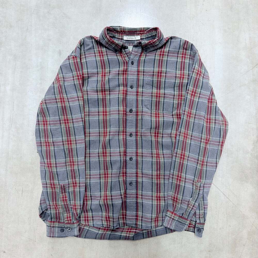 L.L. Bean Traditional Fit Gray Red Plaid 100% Cotton Flannel Shirt Men's L-Reg